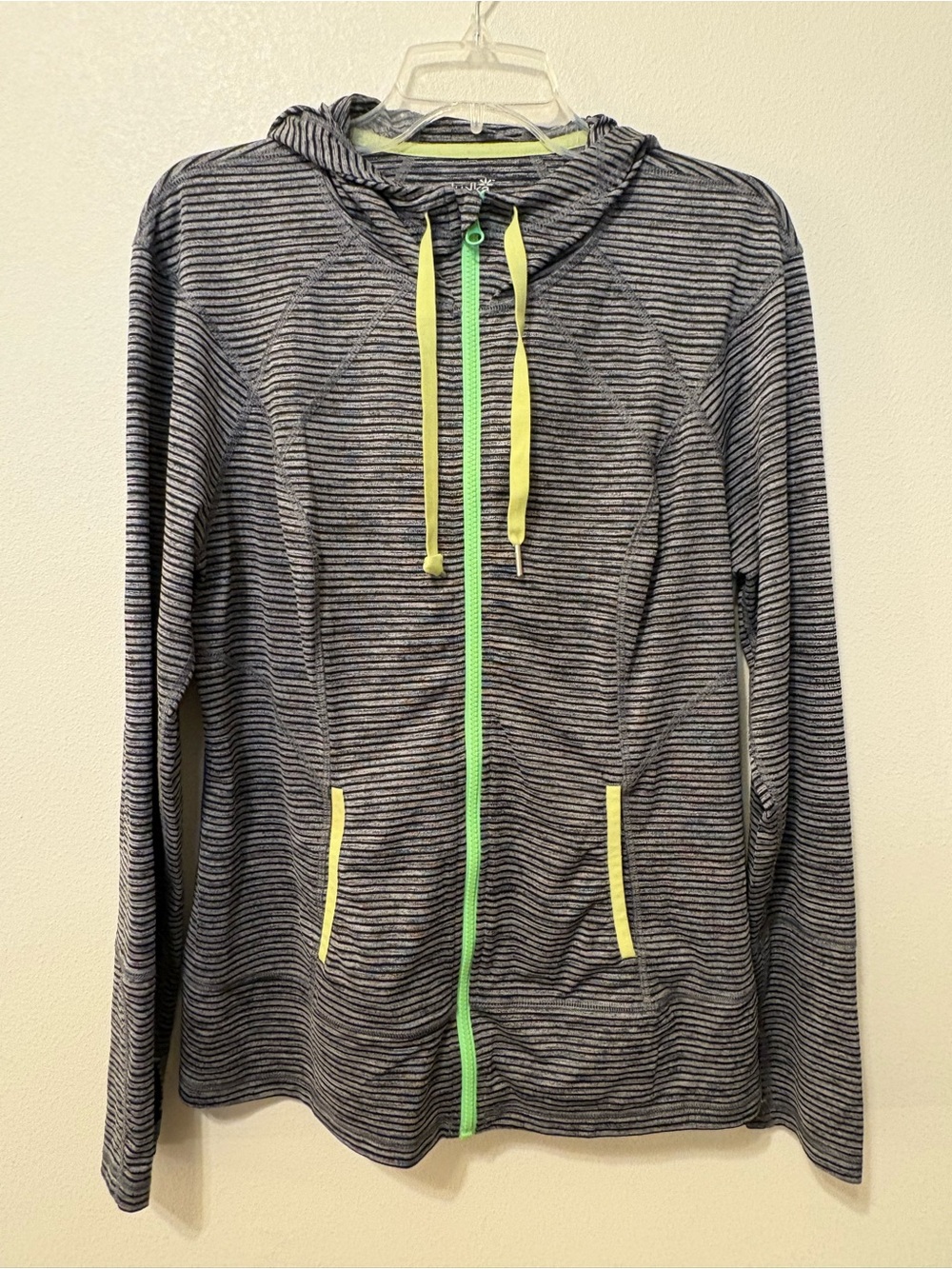lukka Gray Striped Hooded Zip Jacket with Neon Yellow Trim